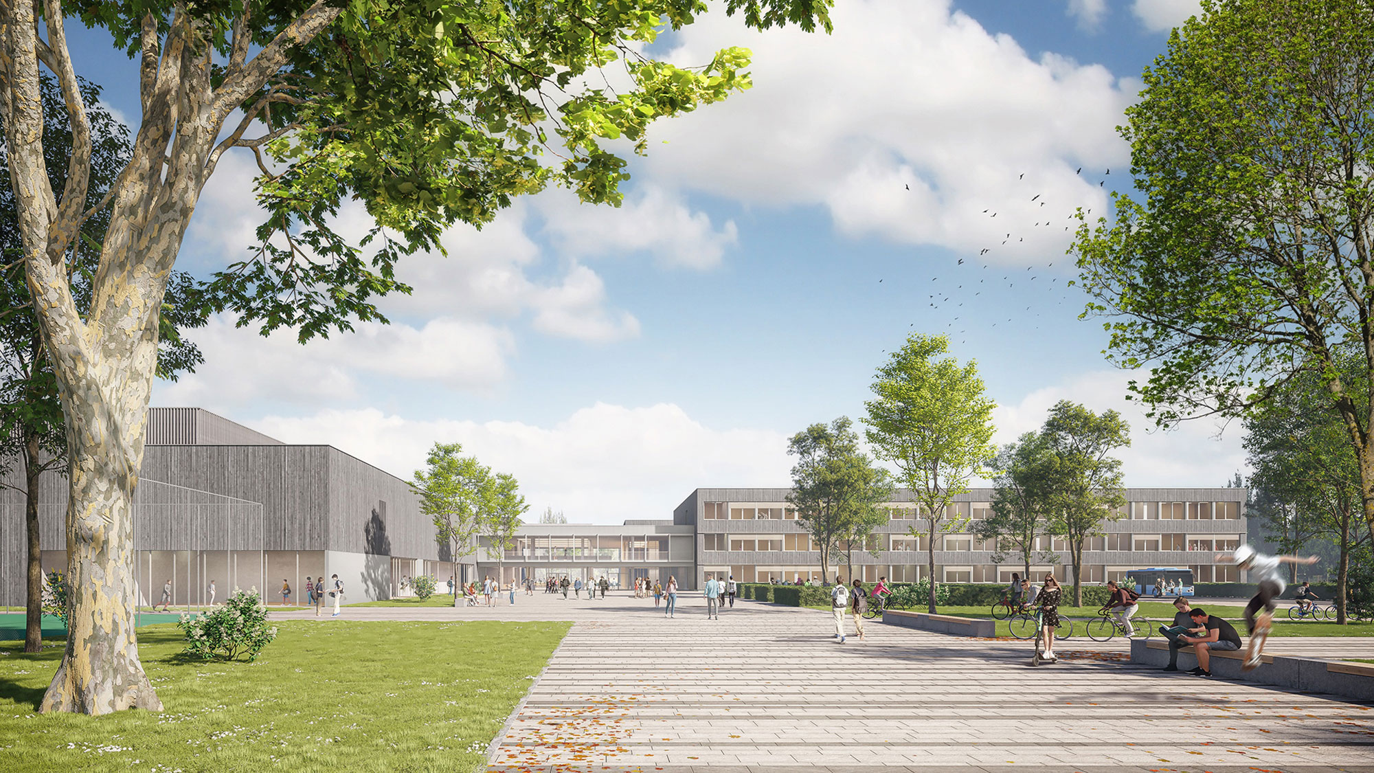 Schulcampus der Gesamtschule Altenessen-Süd mit Schulgebäuden, Außenanlagen und gestalteten Freiflächen