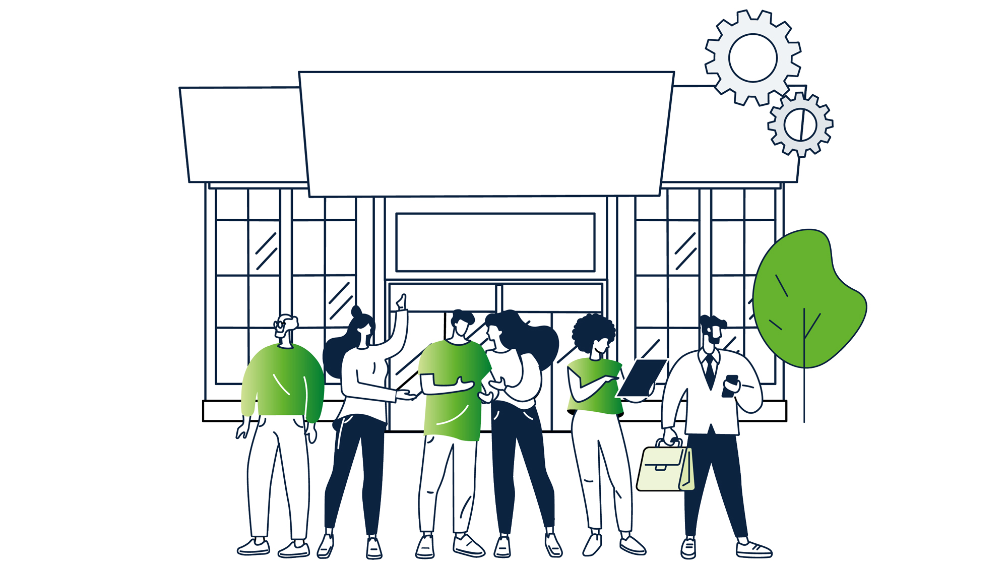 Illustration mehrerer Personen vor einem Gebäude, die gemeinsam interagieren und sich austauschen