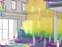 Building simulation showing temperature and air velocity in a room