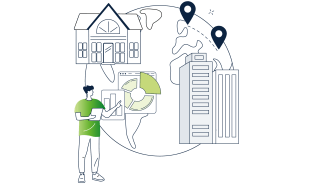 Illustration einer Person vor einer Erdkugel, die verschiedene Diagramme analysiert