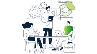 Illustration von drei Personen an einem Tisch mit Laptops, während eine Person auf Diagramme und Zahnräder zeigt