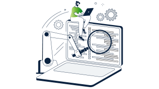 Illustration of a person sitting with a laptop, with a magnifying glass enlarging the screen