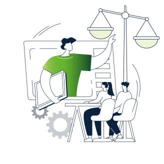 Illustration of two people at a desk listening to an energy advisory presentation on a screen
