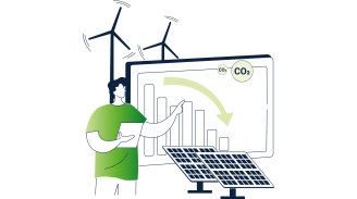Illustration of a person in front of a screen, with solar panels in the foreground and wind turbines in the background