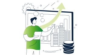Illustration einer Person welche an einer Leinwand steht welche durch steigendes Diagramm ausgefüllt ist
