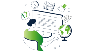 Illustration einer Person welche vor einem Bildschirm sitzt, drum herum sind Symbole von Büromaterial