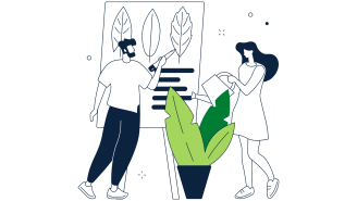 Illustration von zwei Personen vor einer Flipchart, eine malt Blätter und die andere gießt eine Pflanze