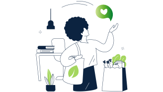 Illustration of a woman with a shopping bag full of vegetables