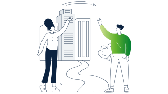 Illustration of a high-rise building with two people in the foreground