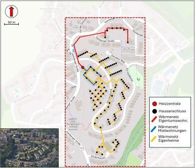 Transformationsplanung Wärmenetz Leverkusen - Untersuchungsgebiet mit schematischem Trassenplan