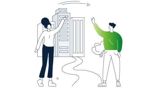 Illustration of a high-rise building with two people in the foreground