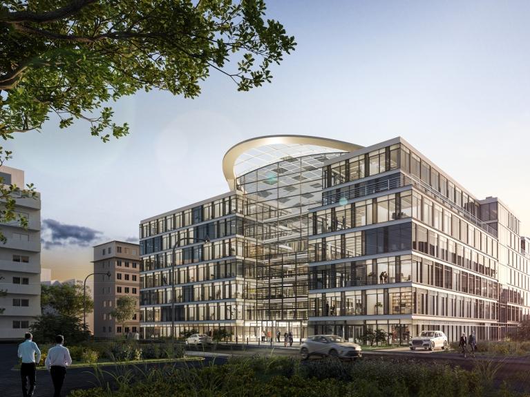 Visualisierung des heylo Bürogebäudes in Düsseldorf mit einem durch das Glas transparenten Blick ins Innere. Gebäudesanierung mit dem Ziel, CO2 Neutralität zu erreichen.