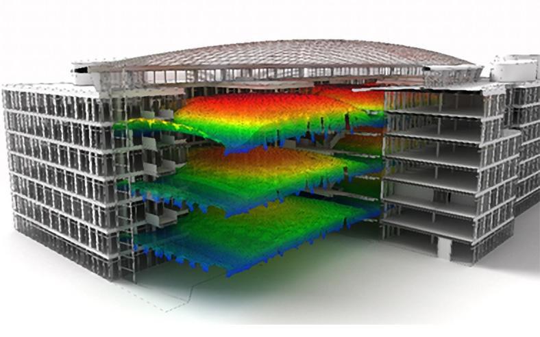 Visualisierung der Tageslichtsimulationsergebnisse in einem mehrstöckigen Bürogebäude, dem heylo in Düsseldorf. Die Simulationsergebnisse sind farblich dargestellt.