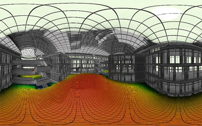 Eine panoramische Visualisierung einer Temperaturverteilung in einem großen, offenen Innenraum. Darstellung des gesamten Raums in einem 360-Grad-Rundumblick.