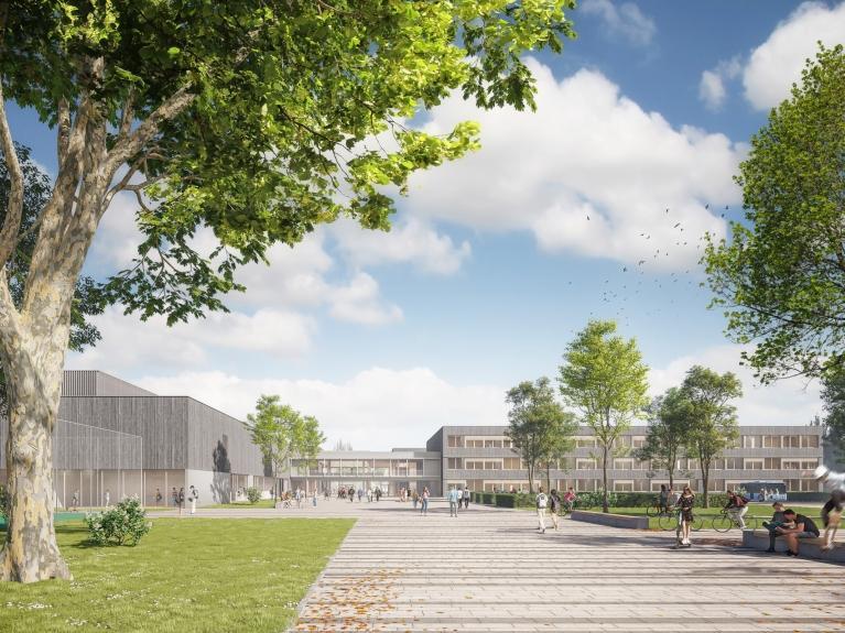 Visualisierung der Gesamtschule Essen-Altenessen, ein Nachhaltigkeits-Projekt von MorgenGrün. Campus mit Gesamtschule und Park.