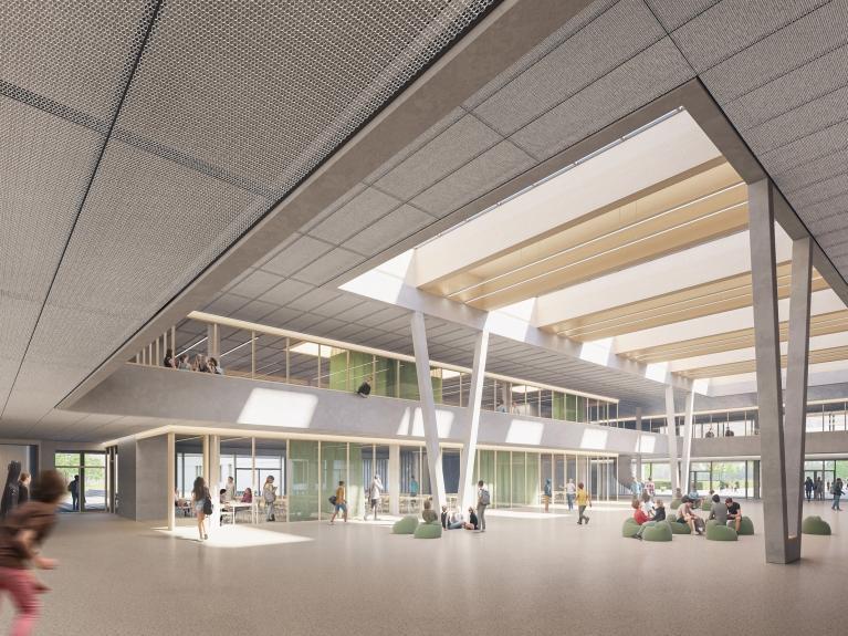 Visualisierung des großzügigen Foyers der Gesamtschule Altenessen-Süd, MorgenGrün setzt auf hohen Nutzerkomfort, Holz-Hybrid-Bauweise und Recyclingmaterialien