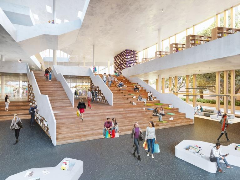 Architektenvisualisierung des Treppenaufgang in der Bibliothek im Haus des Wissens, Bochum