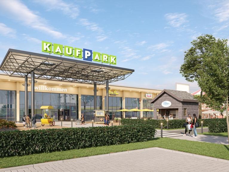 Architektenvisualisierung der Außenansicht des Haupteingangs des neuen Kaufparks Dresden-Nickern