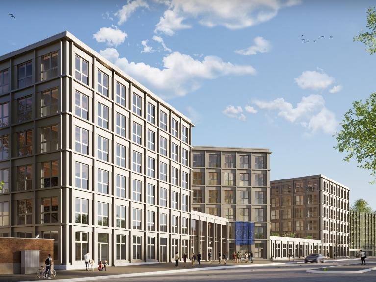 Visualisierung eines Neubaubürogebäudes, Friedrich und Karl in Köln mit einer Fassade aus Holz- und Glaselementen
