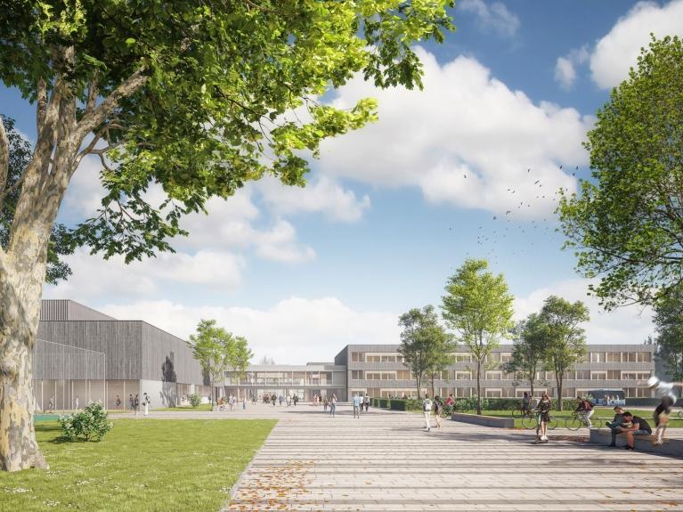Visualisierung der Gesamtschule Essen-Altenessen als nachhaltiges MorgenGrün-Projekt mit Campus, Schulgebäude und Park