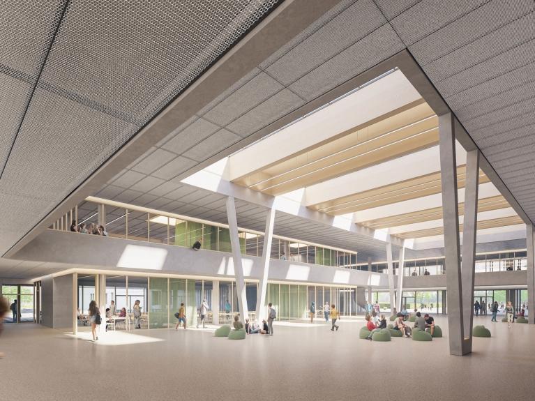 Visualisierung des großzügigen Foyers der Gesamtschule Altenessen-Süd, MorgenGrün setzt auf hohen Nutzerkomfort, Holz-Hybrid-Bauweise und Recyclingmaterialien