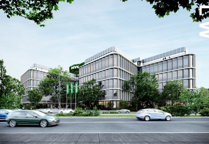 Visualisierung der neuen DEVK-Zentrale an der Riehler Straße in Köln mit sanierter Fassade und moderner Gestaltung