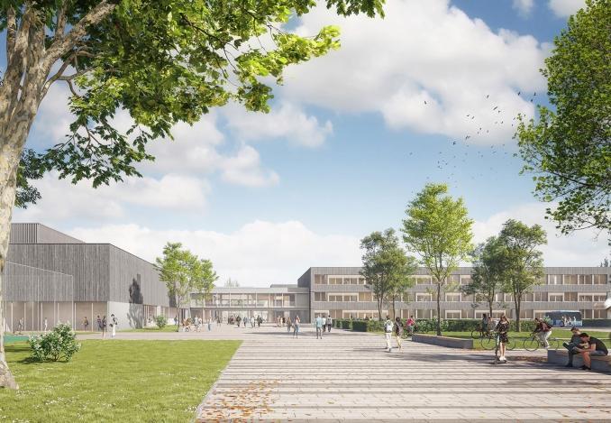Schulcampus der Gesamtschule Altenessen-Süd mit Schulgebäuden, Außenanlagen und gestalteten Freiflächen