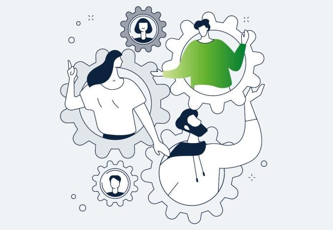 Illustration mehrerer Zahnräder mit darin befindlichen Personen, die sich unterhalten und zusammenarbeiten