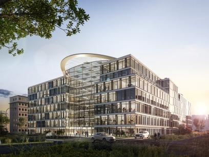 Visualisierung des heylo Bürogebäudes in Düsseldorf mit einem durch das Glas transparenten Blick ins Innere. Gebäudesanierung mit dem Ziel, CO2 Neutralität zu erreichen.