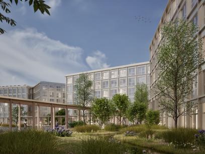Visualisierung eines Neubaubürogebäudes, Friedrich und Karl in Köln, Rückseite der Gebäude in Richtung Bauabschnitt 2 mit begrüntem Innenhofelementen