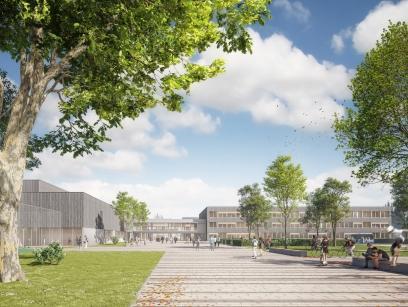 Visualisierung der Gesamtschule Essen-Altenessen, ein Nachhaltigkeits-Projekt von MorgenGrün. Campus mit Gesamtschule und Park.