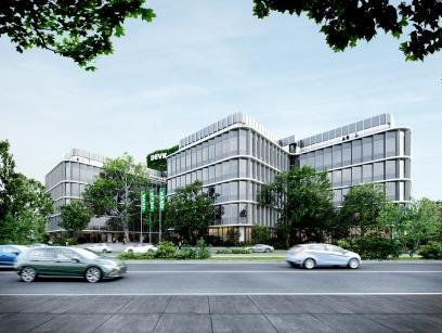 Visualisierung der neuen DEVK-Zentrale an der Riehler Straße in Köln mit sanierter Fassade