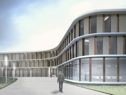 Architektenvisualisierung des Neubaus des Ersatzgebädues K12 des Bundesamt für Strahlenschutz in Berlin - Außenansicht