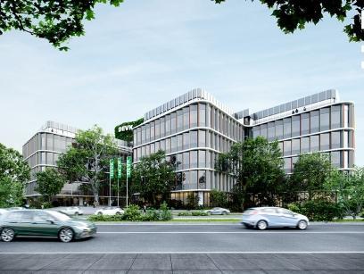 Architektenvisualisierung Außenansicht der sanierten DEVK Zentrale an der Riehler Straße in Köln