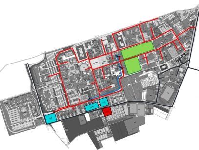 Luftbild des Campus der Johannes Gutenberg Universität Mainz mit Darstellung der Abwärmenutzung