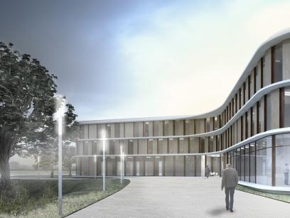 Architektenvisualisierung der Außenansicht des Neubaus des Ersatzgebäudes K12 des Bundesamts für Strahlenschutz in Berlin