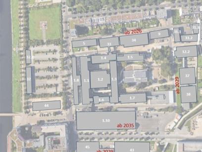 Lage- und Entwicklungsplan des Bundeswehrkrankenhauses Berlin aus der Vogelperspektive mit Übersicht der Gebäude