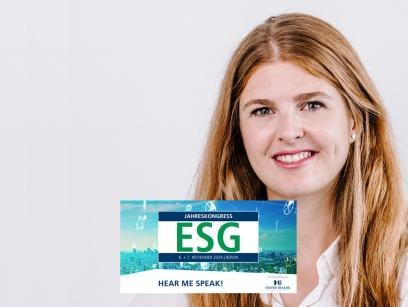 Portrait von Lydia Larsen mit dem ESG Lease Logo im Vordergrund