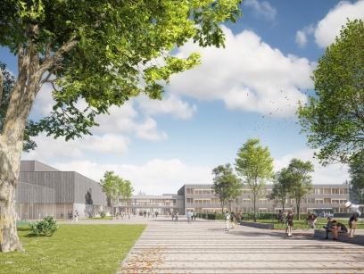 Visualisierung der Gesamtschule Essen-Altenessen als nachhaltiges MorgenGrün-Projekt mit Campus, Schulgebäude und Park