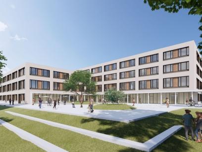 Architektenvisualisierung des Ortenau Klinikums Achern mit gestaltetem Vorplatz und moderner Gebäudearchitektur