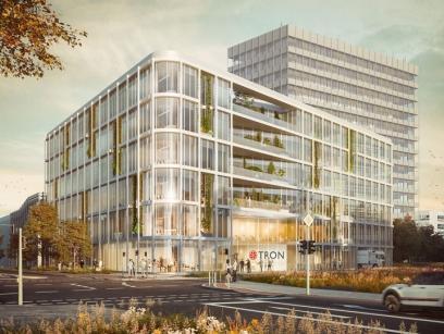 Architektenvisualisierung der Außenansicht des neuen Forschungsgebäudes TRON in Mainz mit moderner Architektur