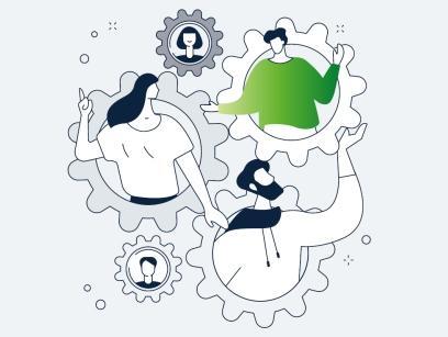 Illustration mehrerer Zahnräder mit Personen in ihnen welche sich Unterhalten