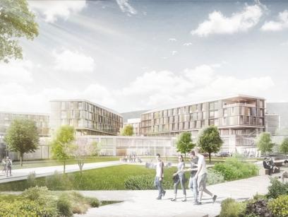 Architektenvisualisierung des Dreiland-Klinikums Lörrach mit Haupteingang und moderner Gebäudearchitektur