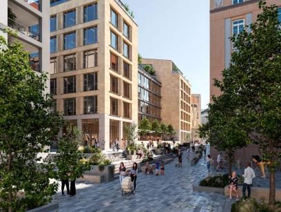 Architektenvisualisierung des neuen Weinbergquartiers in Stuttgart mit Blick auf den Quartiersplatz