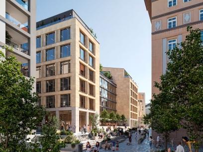 Architectural rendering of the new Weinberg neighborhood in Stuttgart, looking out toward the neighborhood square