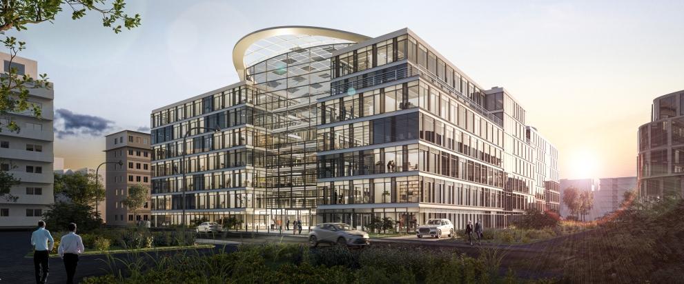 Visualisierung des heylo Bürogebäudes in Düsseldorf mit einem durch das Glas transparenten Blick ins Innere. Gebäudesanierung mit dem Ziel, CO2 Neutralität zu erreichen.