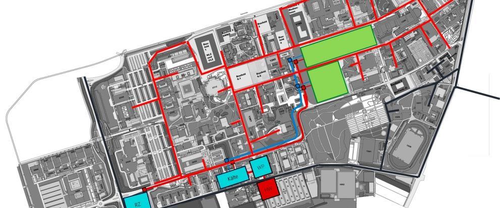 Luftbild des Campus der Johannes Gutenberg Universität Mainz mit Darstellung der Abwärmenutzung