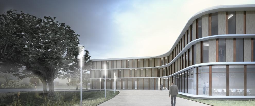 Architektenvisualisierung der Außenansicht des Neubaus des Ersatzgebäudes K12 des Bundesamts für Strahlenschutz in Berlin