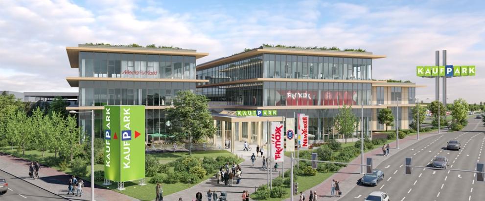 Architektenvisualisierung der Außenansicht des neuen Kaufparks Dresden-Nickern mit moderner Architektur und Gestaltung