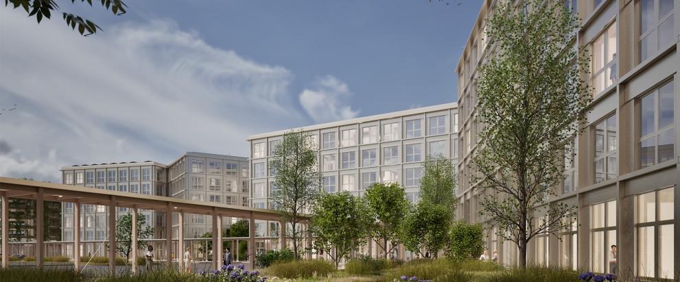 Visualisierung des Neubau-Bürogebäudes Friedrich und Karl in Köln mit begrünter Rückseite und Innenhofelementen